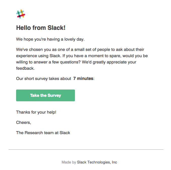 Slack email- customer satisfaction survey